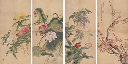 徐山立 花卉 四屏